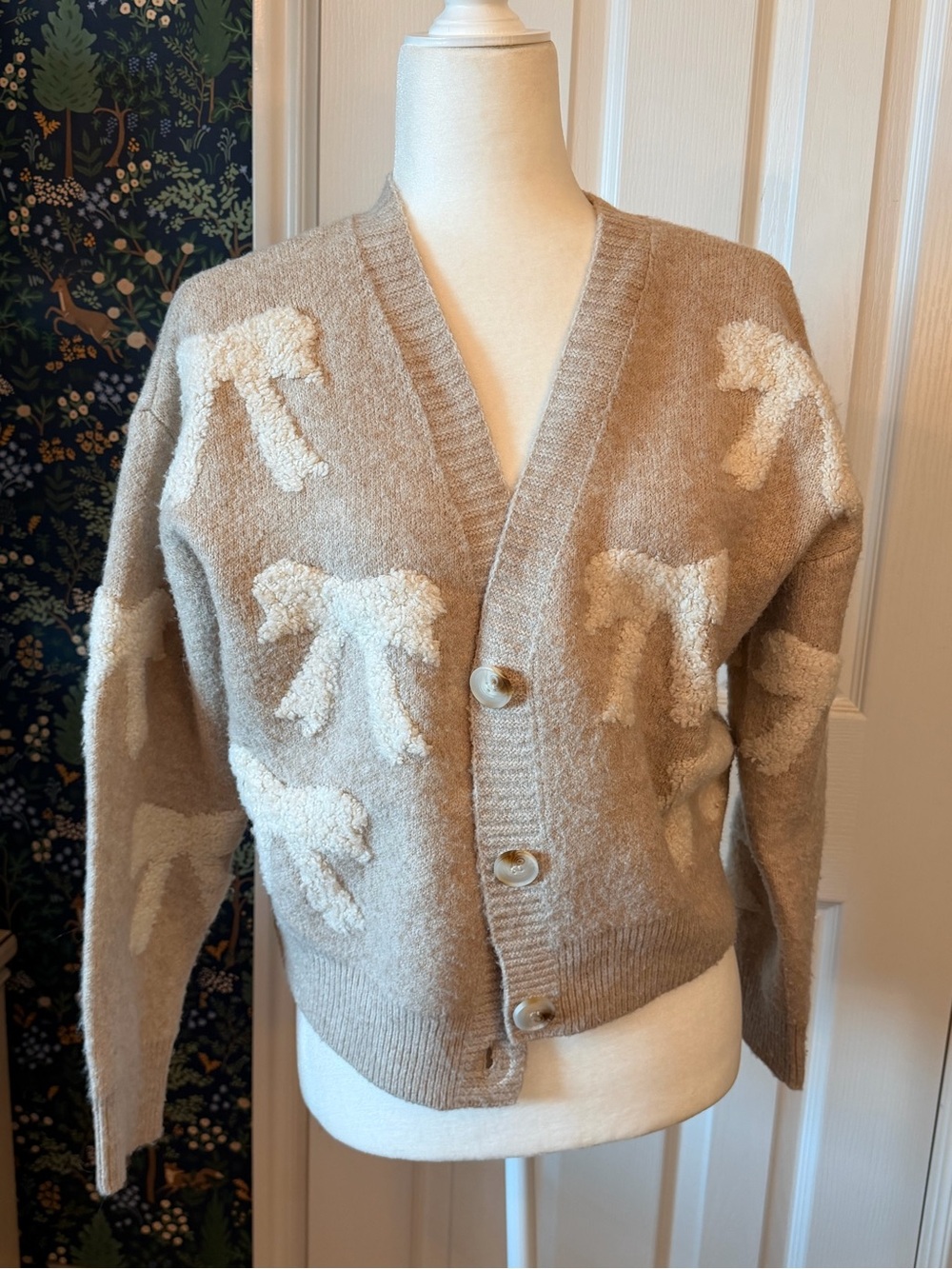 Altar'd State Beige Cardigan with Cream Bow Motifs